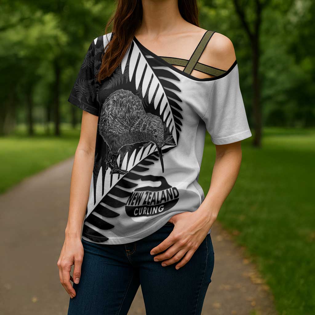 New Zealand Silver Fern Curling Personalised Cross Shoulder Shirt Aotearoa Kiwi Ponga Black White Version - Aussie Hoodie