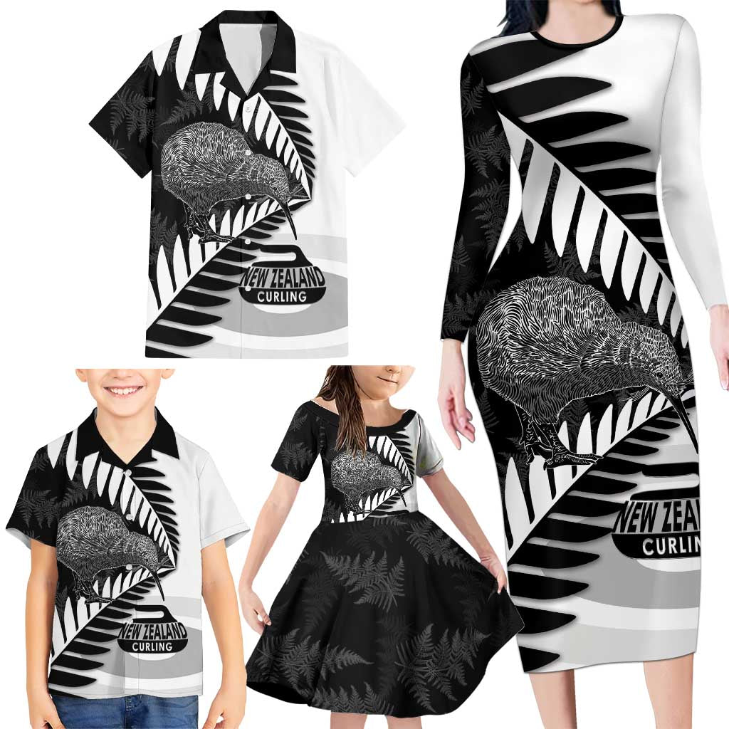New Zealand Silver Fern Curling Personalised Family Matching Long Sleeve Bodycon Dress and Hawaiian Shirt Aotearoa Kiwi Ponga Black White Version - Aussie Hoodie