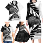 New Zealand Silver Fern Curling Personalised Family Matching Long Sleeve Bodycon Dress and Hawaiian Shirt Aotearoa Kiwi Ponga Black White Version - Aussie Hoodie