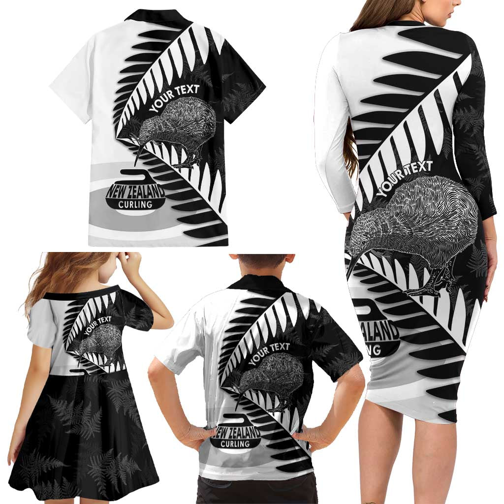 New Zealand Silver Fern Curling Personalised Family Matching Long Sleeve Bodycon Dress and Hawaiian Shirt Aotearoa Kiwi Ponga Black White Version - Aussie Hoodie