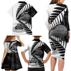 New Zealand Silver Fern Curling Personalised Family Matching Long Sleeve Bodycon Dress and Hawaiian Shirt Aotearoa Kiwi Ponga Black White Version - Aussie Hoodie