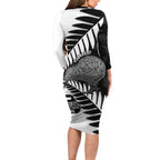 New Zealand Silver Fern Curling Personalised Family Matching Long Sleeve Bodycon Dress and Hawaiian Shirt Aotearoa Kiwi Ponga Black White Version - Aussie Hoodie