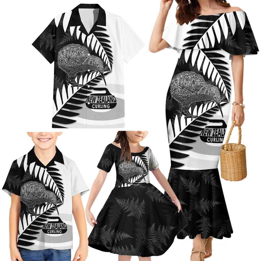 New Zealand Silver Fern Curling Personalised Family Matching Mermaid Dress and Hawaiian Shirt Aotearoa Kiwi Ponga Black White Version - Aussie Hoodie