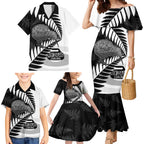 New Zealand Silver Fern Curling Personalised Family Matching Mermaid Dress and Hawaiian Shirt Aotearoa Kiwi Ponga Black White Version - Aussie Hoodie
