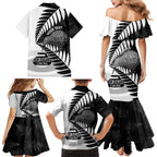 New Zealand Silver Fern Curling Personalised Family Matching Mermaid Dress and Hawaiian Shirt Aotearoa Kiwi Ponga Black White Version - Aussie Hoodie
