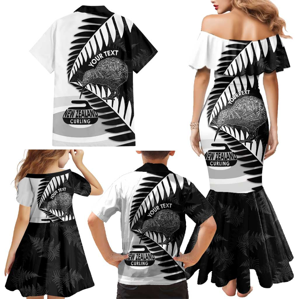 New Zealand Silver Fern Curling Personalised Family Matching Mermaid Dress and Hawaiian Shirt Aotearoa Kiwi Ponga Black White Version - Aussie Hoodie