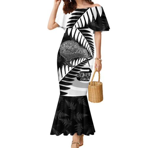 New Zealand Silver Fern Curling Personalised Family Matching Mermaid Dress and Hawaiian Shirt Aotearoa Kiwi Ponga Black White Version - Aussie Hoodie