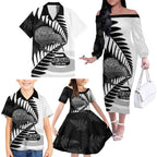 New Zealand Silver Fern Curling Personalised Family Matching Off The Shoulder Long Sleeve Dress and Hawaiian Shirt Aotearoa Kiwi Ponga Black White Version - Aussie Hoodie