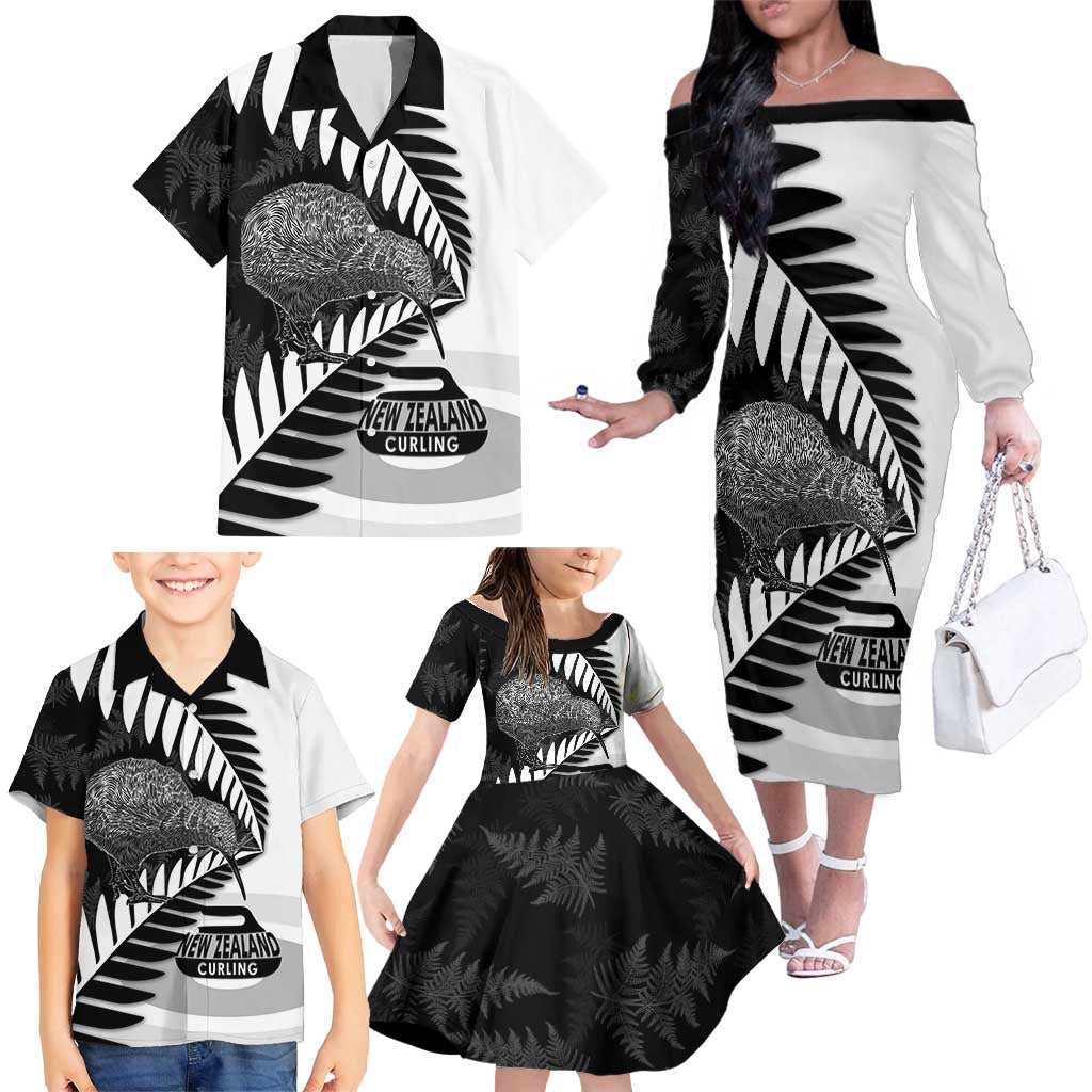 New Zealand Silver Fern Curling Personalised Family Matching Off The Shoulder Long Sleeve Dress and Hawaiian Shirt Aotearoa Kiwi Ponga Black White Version - Aussie Hoodie