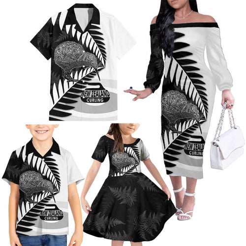 New Zealand Silver Fern Curling Personalised Family Matching Off The Shoulder Long Sleeve Dress and Hawaiian Shirt Aotearoa Kiwi Ponga Black White Version - Aussie Hoodie