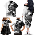 New Zealand Silver Fern Curling Personalised Family Matching Off The Shoulder Long Sleeve Dress and Hawaiian Shirt Aotearoa Kiwi Ponga Black White Version - Aussie Hoodie