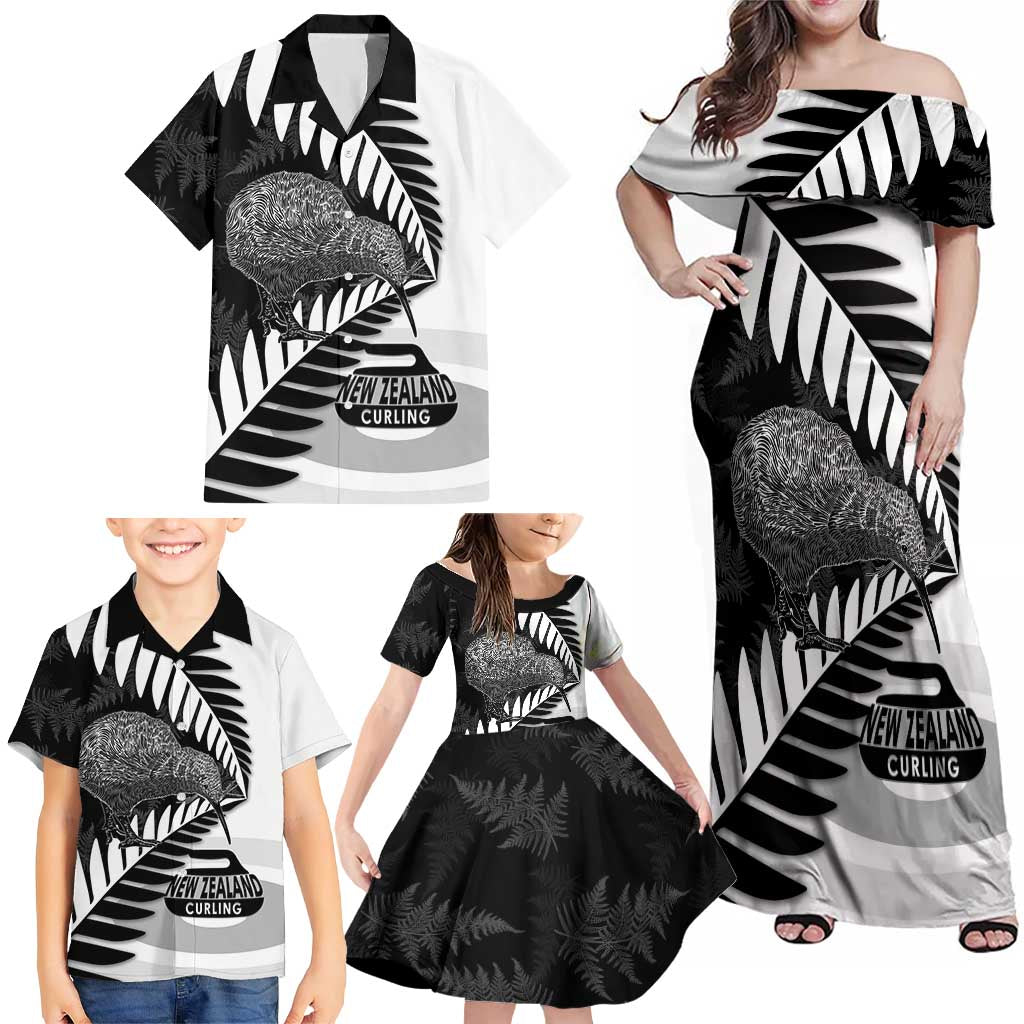 New Zealand Silver Fern Curling Personalised Family Matching Off Shoulder Maxi Dress and Hawaiian Shirt Aotearoa Kiwi Ponga Black White Version - Aussie Hoodie