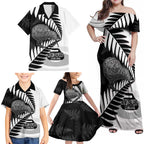 New Zealand Silver Fern Curling Personalised Family Matching Off Shoulder Maxi Dress and Hawaiian Shirt Aotearoa Kiwi Ponga Black White Version - Aussie Hoodie