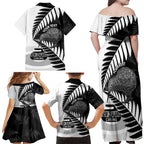 New Zealand Silver Fern Curling Personalised Family Matching Off Shoulder Maxi Dress and Hawaiian Shirt Aotearoa Kiwi Ponga Black White Version - Aussie Hoodie