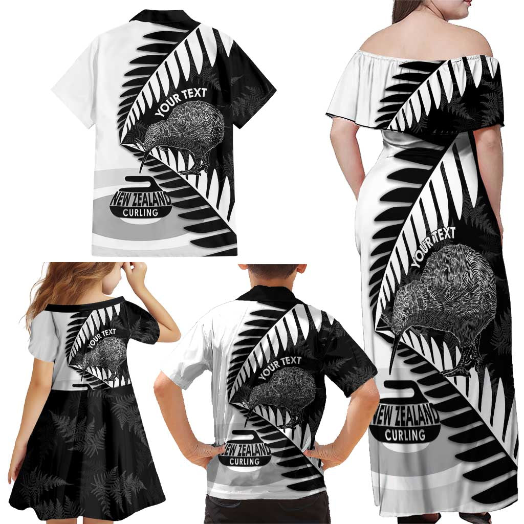 New Zealand Silver Fern Curling Personalised Family Matching Off Shoulder Maxi Dress and Hawaiian Shirt Aotearoa Kiwi Ponga Black White Version - Aussie Hoodie