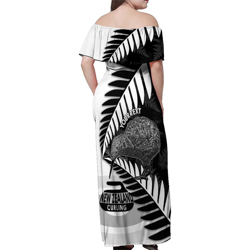New Zealand Silver Fern Curling Personalised Family Matching Off Shoulder Maxi Dress and Hawaiian Shirt Aotearoa Kiwi Ponga Black White Version - Aussie Hoodie