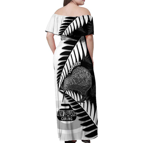 New Zealand Silver Fern Curling Personalised Family Matching Off Shoulder Maxi Dress and Hawaiian Shirt Aotearoa Kiwi Ponga Black White Version - Aussie Hoodie
