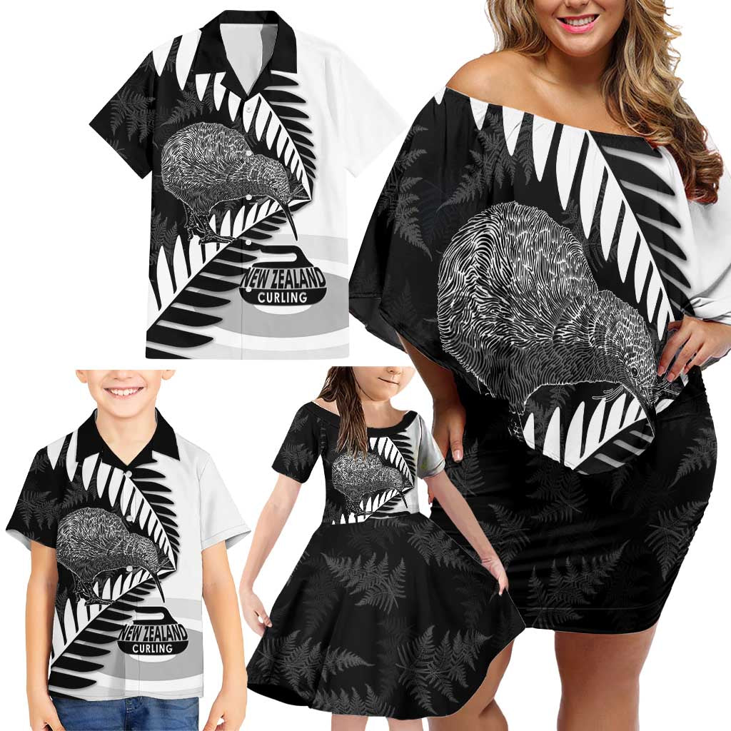 New Zealand Silver Fern Curling Personalised Family Matching Off Shoulder Short Dress and Hawaiian Shirt Aotearoa Kiwi Ponga Black White Version - Aussie Hoodie