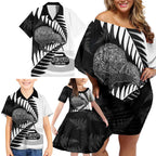 New Zealand Silver Fern Curling Personalised Family Matching Off Shoulder Short Dress and Hawaiian Shirt Aotearoa Kiwi Ponga Black White Version - Aussie Hoodie
