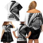 New Zealand Silver Fern Curling Personalised Family Matching Off Shoulder Short Dress and Hawaiian Shirt Aotearoa Kiwi Ponga Black White Version - Aussie Hoodie