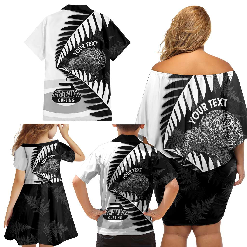 New Zealand Silver Fern Curling Personalised Family Matching Off Shoulder Short Dress and Hawaiian Shirt Aotearoa Kiwi Ponga Black White Version - Aussie Hoodie