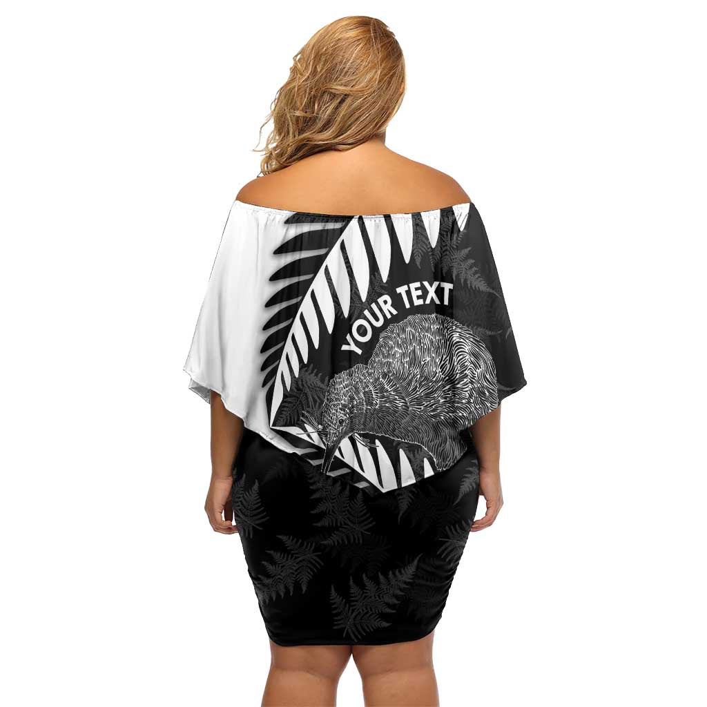 New Zealand Silver Fern Curling Personalised Family Matching Off Shoulder Short Dress and Hawaiian Shirt Aotearoa Kiwi Ponga Black White Version - Aussie Hoodie
