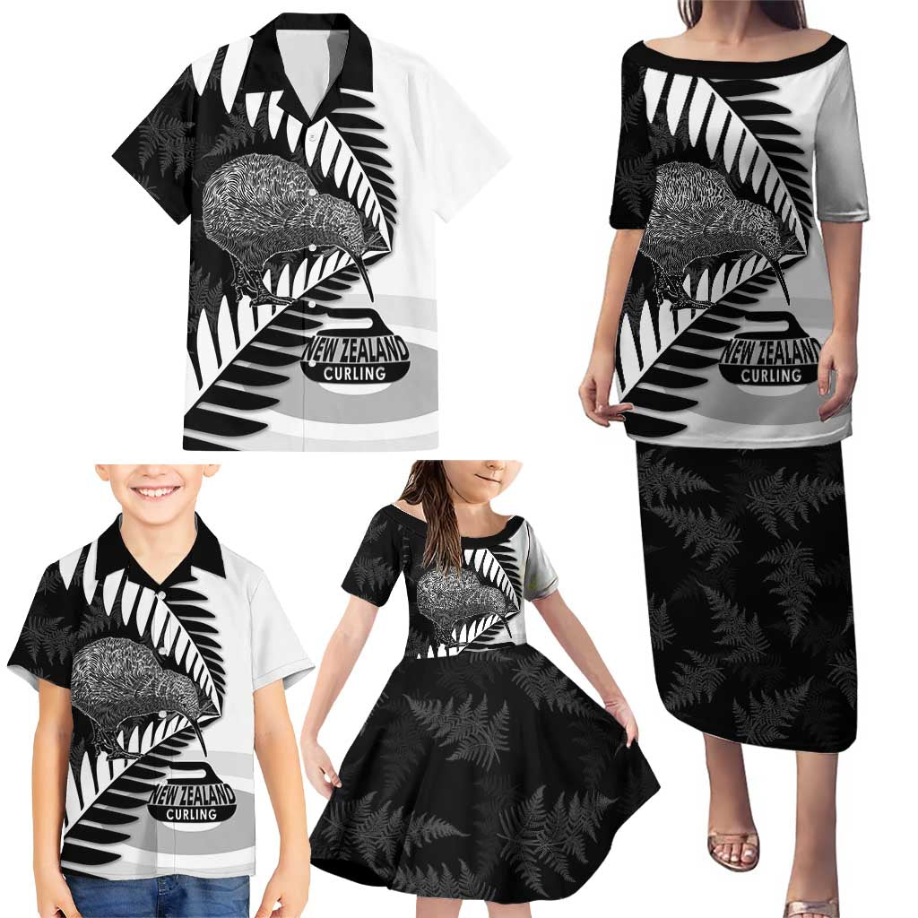 New Zealand Silver Fern Curling Personalised Family Matching Puletasi and Hawaiian Shirt Aotearoa Kiwi Ponga Black White Version - Aussie Hoodie
