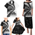 New Zealand Silver Fern Curling Personalised Family Matching Puletasi and Hawaiian Shirt Aotearoa Kiwi Ponga Black White Version - Aussie Hoodie