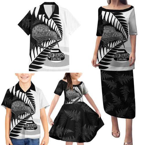 New Zealand Silver Fern Curling Personalised Family Matching Puletasi and Hawaiian Shirt Aotearoa Kiwi Ponga Black White Version - Aussie Hoodie