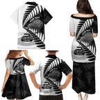 New Zealand Silver Fern Curling Personalised Family Matching Puletasi and Hawaiian Shirt Aotearoa Kiwi Ponga Black White Version - Aussie Hoodie