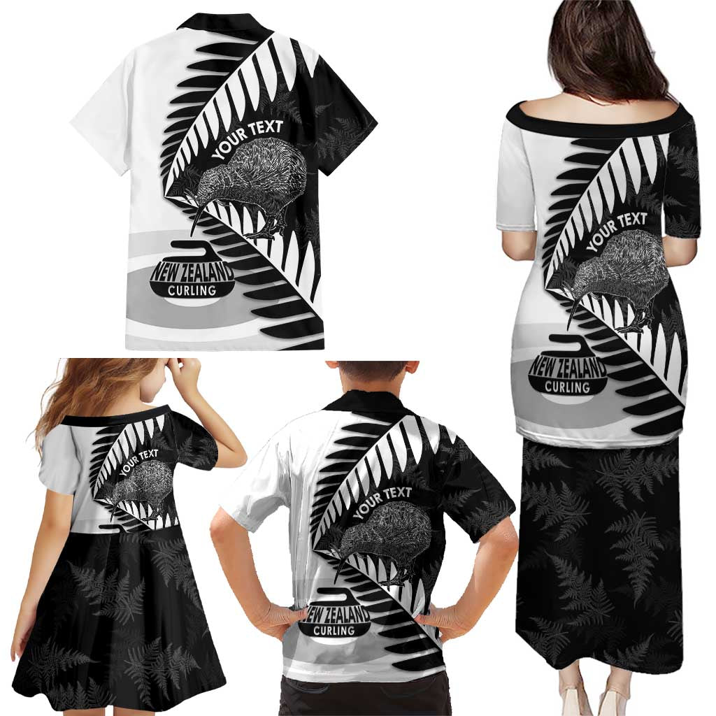 New Zealand Silver Fern Curling Personalised Family Matching Puletasi and Hawaiian Shirt Aotearoa Kiwi Ponga Black White Version - Aussie Hoodie