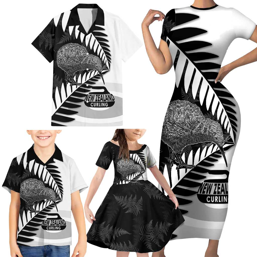 New Zealand Silver Fern Curling Personalised Family Matching Short Sleeve Bodycon Dress and Hawaiian Shirt Aotearoa Kiwi Ponga Black White Version - Aussie Hoodie