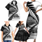 New Zealand Silver Fern Curling Personalised Family Matching Short Sleeve Bodycon Dress and Hawaiian Shirt Aotearoa Kiwi Ponga Black White Version - Aussie Hoodie