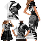 New Zealand Silver Fern Curling Personalised Family Matching Short Sleeve Bodycon Dress and Hawaiian Shirt Aotearoa Kiwi Ponga Black White Version - Aussie Hoodie