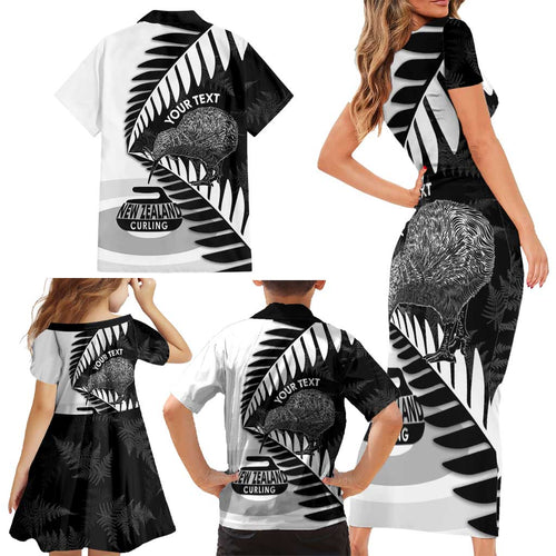 New Zealand Silver Fern Curling Personalised Family Matching Short Sleeve Bodycon Dress and Hawaiian Shirt Aotearoa Kiwi Ponga Black White Version - Aussie Hoodie