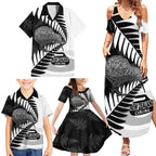 New Zealand Silver Fern Curling Personalised Family Matching Summer Maxi Dress and Hawaiian Shirt Aotearoa Kiwi Ponga Black White Version - Aussie Hoodie