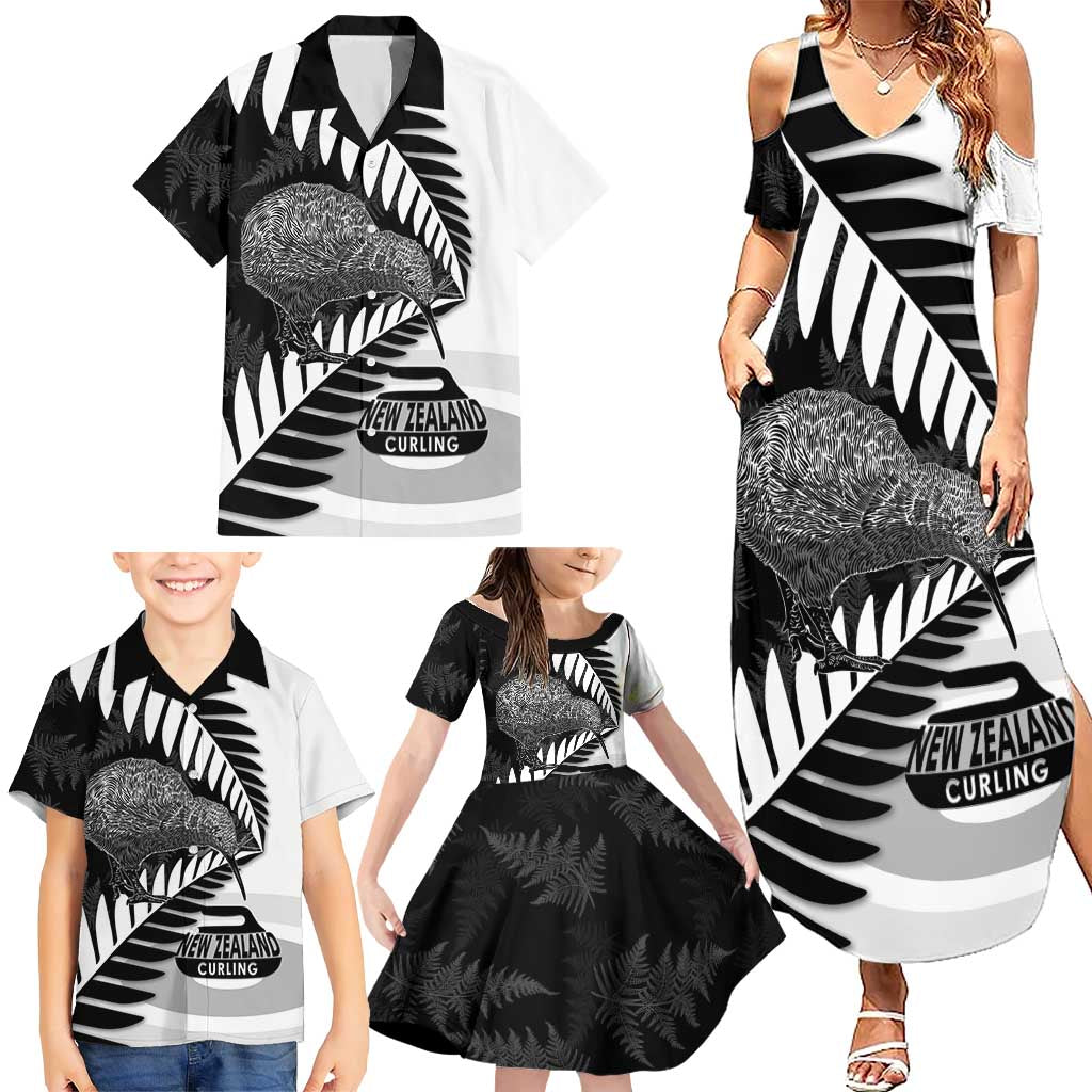 New Zealand Silver Fern Curling Personalised Family Matching Summer Maxi Dress and Hawaiian Shirt Aotearoa Kiwi Ponga Black White Version - Aussie Hoodie