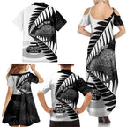 New Zealand Silver Fern Curling Personalised Family Matching Summer Maxi Dress and Hawaiian Shirt Aotearoa Kiwi Ponga Black White Version - Aussie Hoodie
