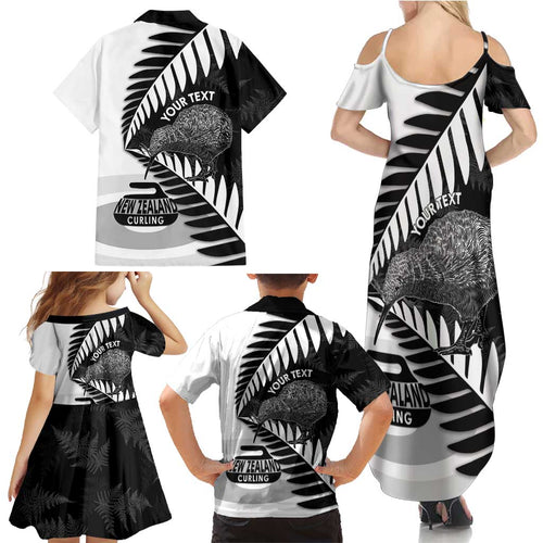 New Zealand Silver Fern Curling Personalised Family Matching Summer Maxi Dress and Hawaiian Shirt Aotearoa Kiwi Ponga Black White Version - Aussie Hoodie