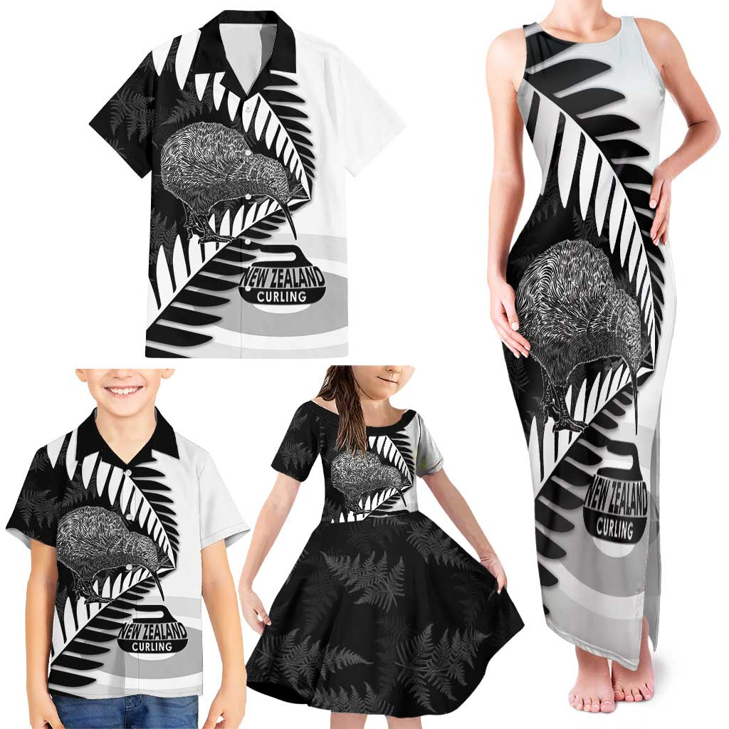 New Zealand Silver Fern Curling Personalised Family Matching Tank Maxi Dress and Hawaiian Shirt Aotearoa Kiwi Ponga Black White Version - Aussie Hoodie