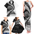 New Zealand Silver Fern Curling Personalised Family Matching Tank Maxi Dress and Hawaiian Shirt Aotearoa Kiwi Ponga Black White Version - Aussie Hoodie
