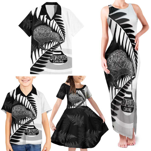 New Zealand Silver Fern Curling Personalised Family Matching Tank Maxi Dress and Hawaiian Shirt Aotearoa Kiwi Ponga Black White Version - Aussie Hoodie