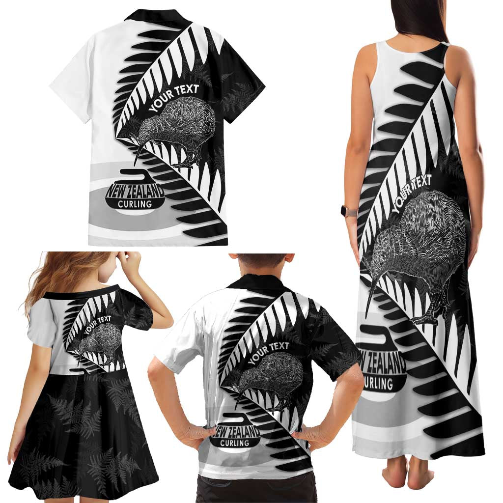 New Zealand Silver Fern Curling Personalised Family Matching Tank Maxi Dress and Hawaiian Shirt Aotearoa Kiwi Ponga Black White Version - Aussie Hoodie
