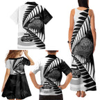 New Zealand Silver Fern Curling Personalised Family Matching Tank Maxi Dress and Hawaiian Shirt Aotearoa Kiwi Ponga Black White Version - Aussie Hoodie