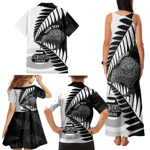 New Zealand Silver Fern Curling Personalised Family Matching Tank Maxi Dress and Hawaiian Shirt Aotearoa Kiwi Ponga Black White Version - Aussie Hoodie