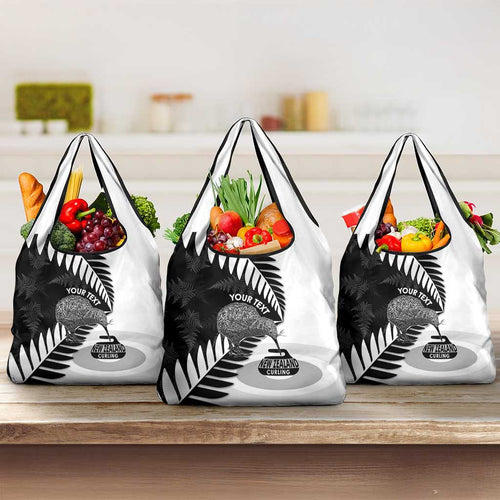 New Zealand Silver Fern Curling Personalised Grocery Bag Aotearoa Kiwi Ponga Black White Version - Aussie Hoodie