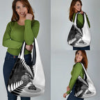 New Zealand Silver Fern Curling Personalised Grocery Bag Aotearoa Kiwi Ponga Black White Version - Aussie Hoodie