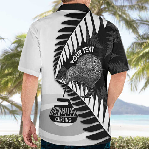 New Zealand Silver Fern Curling Personalised Hawaiian Shirt Aotearoa Kiwi Ponga Black White Version - Aussie Hoodie