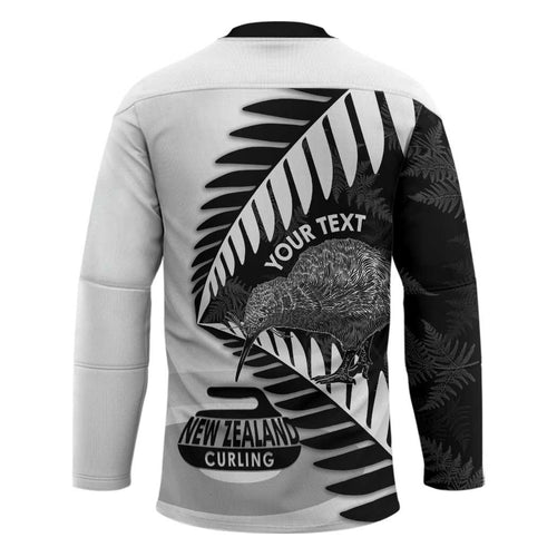 New Zealand Silver Fern Curling Personalised Hockey Jersey Aotearoa Kiwi Ponga Black White Version - Aussie Hoodie