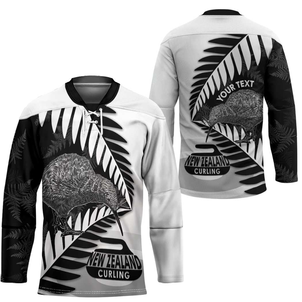 New Zealand Silver Fern Curling Personalised Hockey Jersey Aotearoa Kiwi Ponga Black White Version - Aussie Hoodie